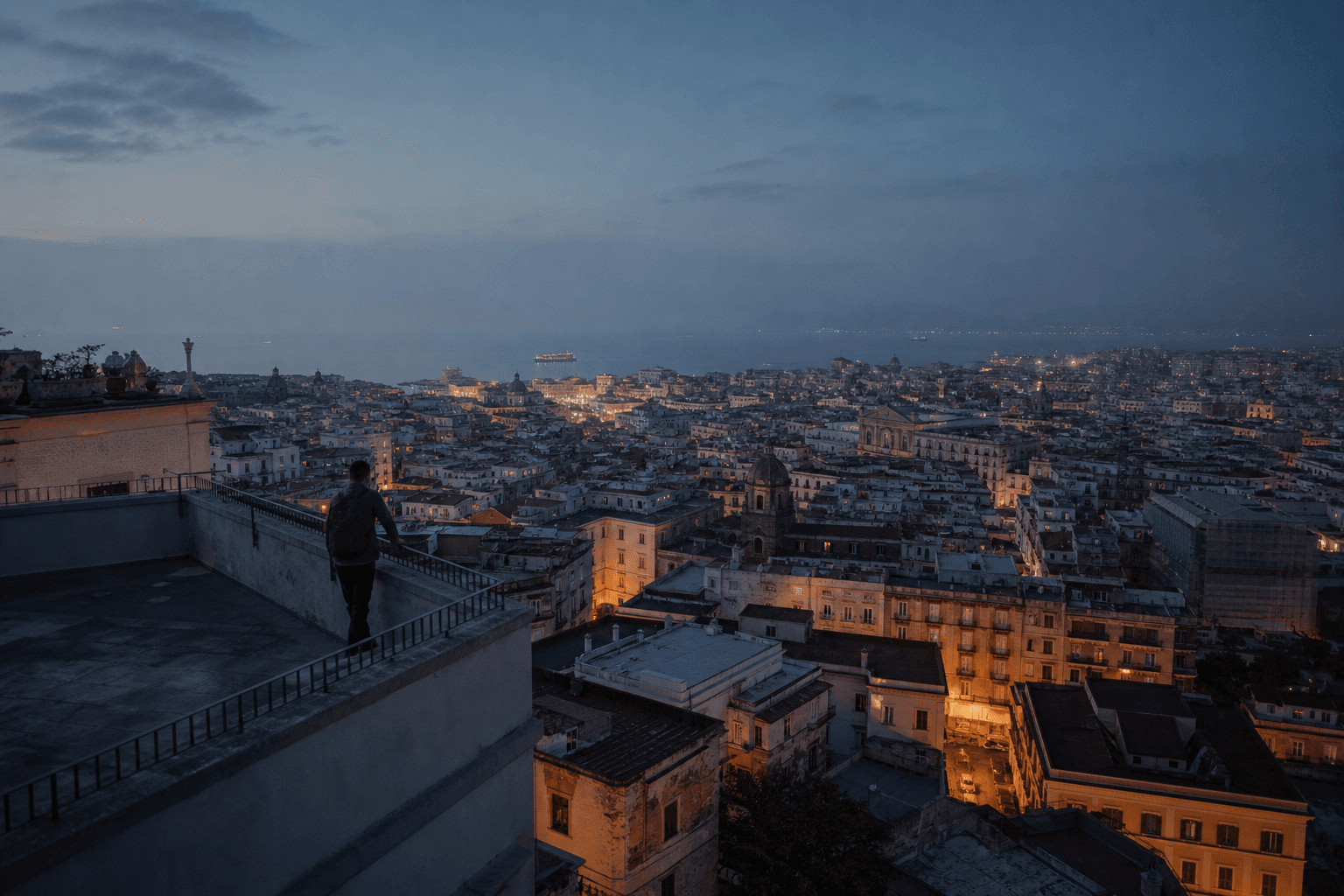 A traveler looking across a Mediterranean city at blue hour